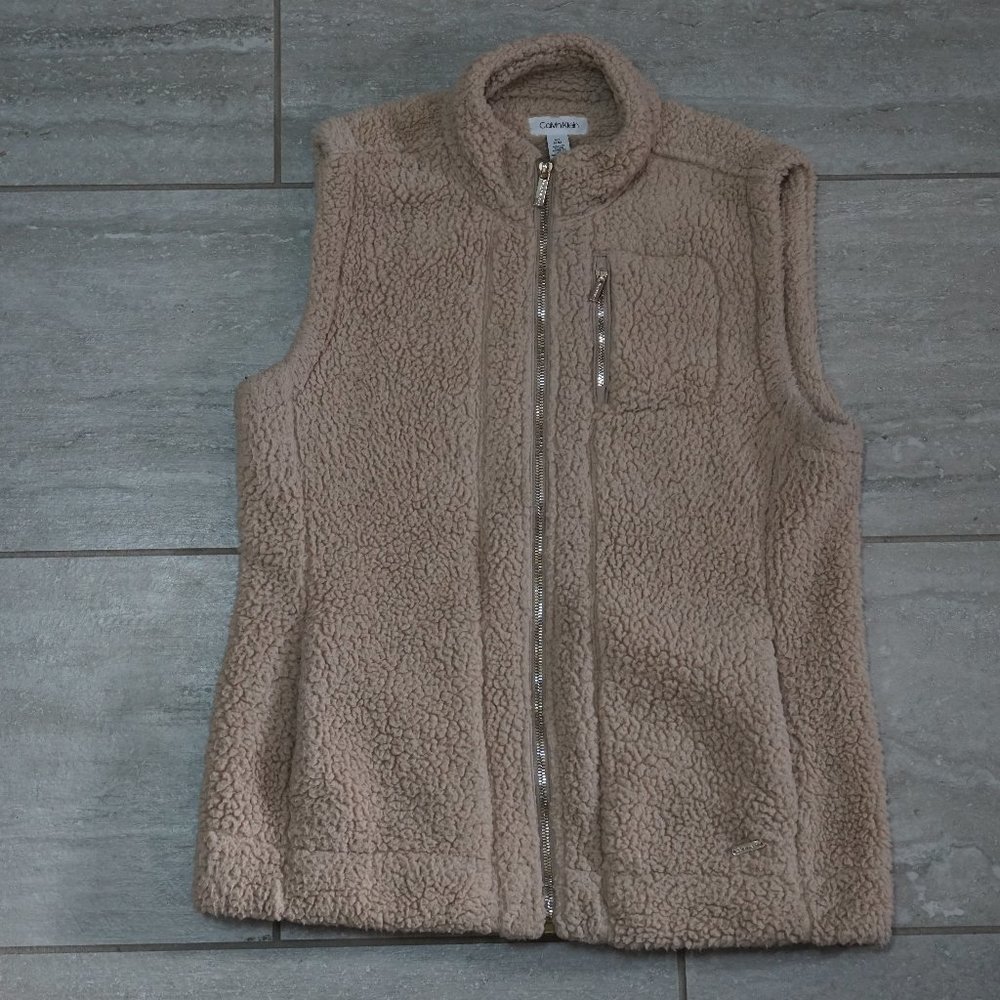 CALVIN KLEIN Women's Full Zip Faux Sherpa Vest Size Medium Tan w Gold Accents